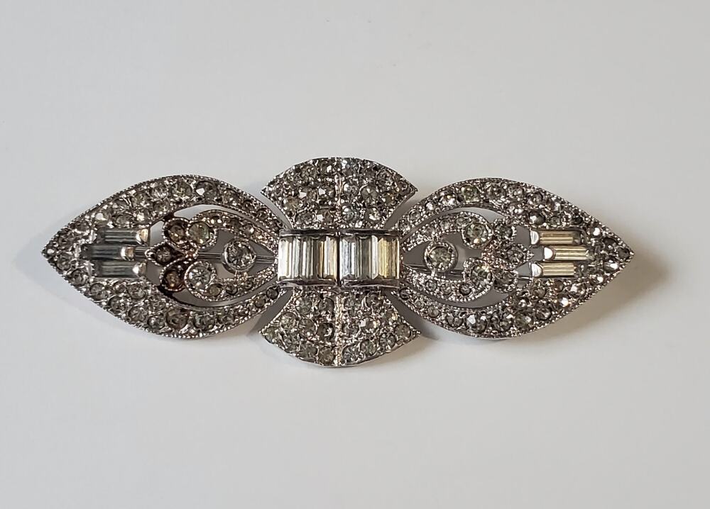 Vintage Faux Pseudo Duette Art Deco Silver Tone Clear Rhinestone Pin Brooch